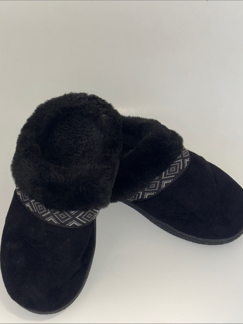isotoner Black Faux-Fur Clog Slippers with Patterned Trim